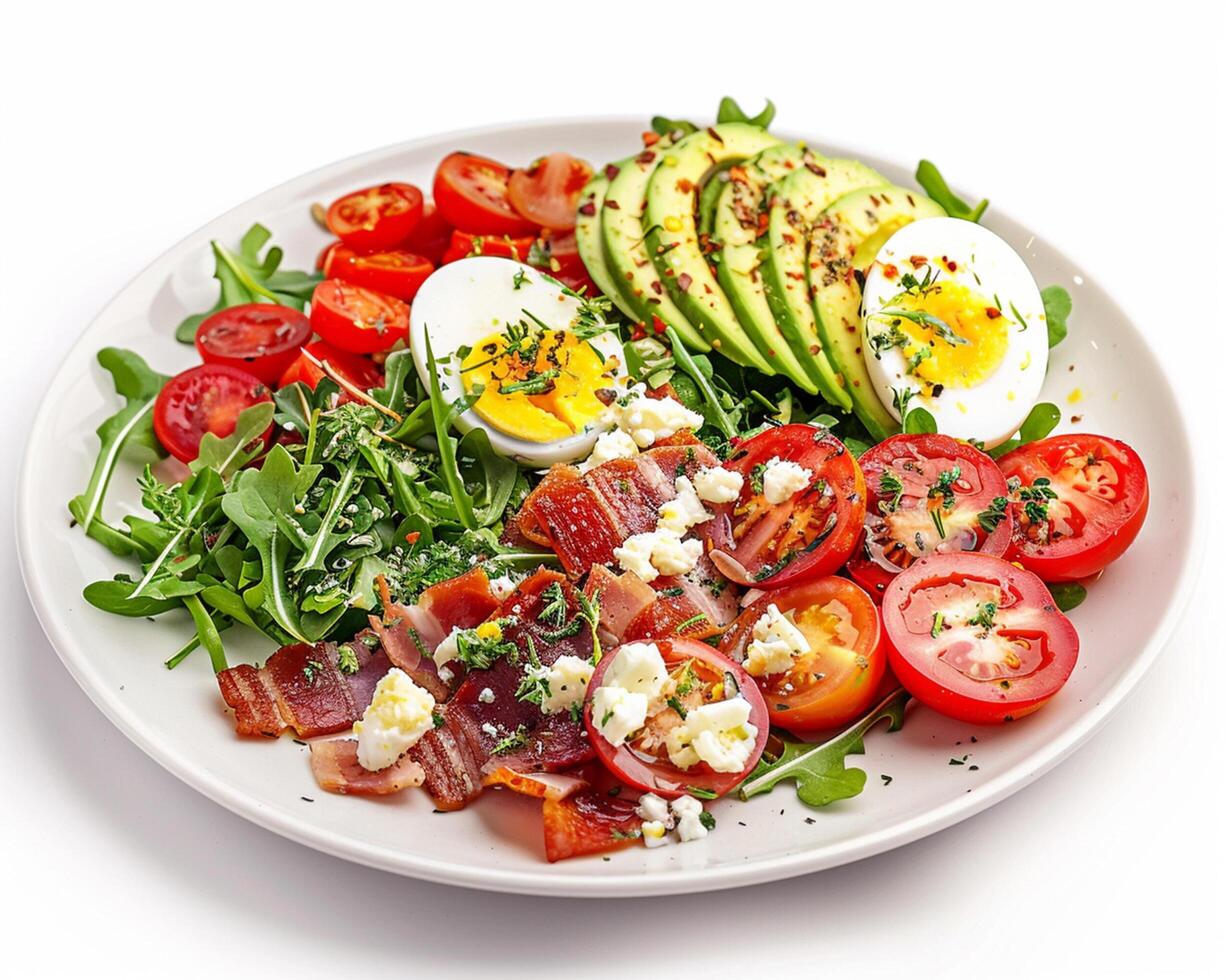 a plate with a salad, bacon, tomatoes and eggs photo