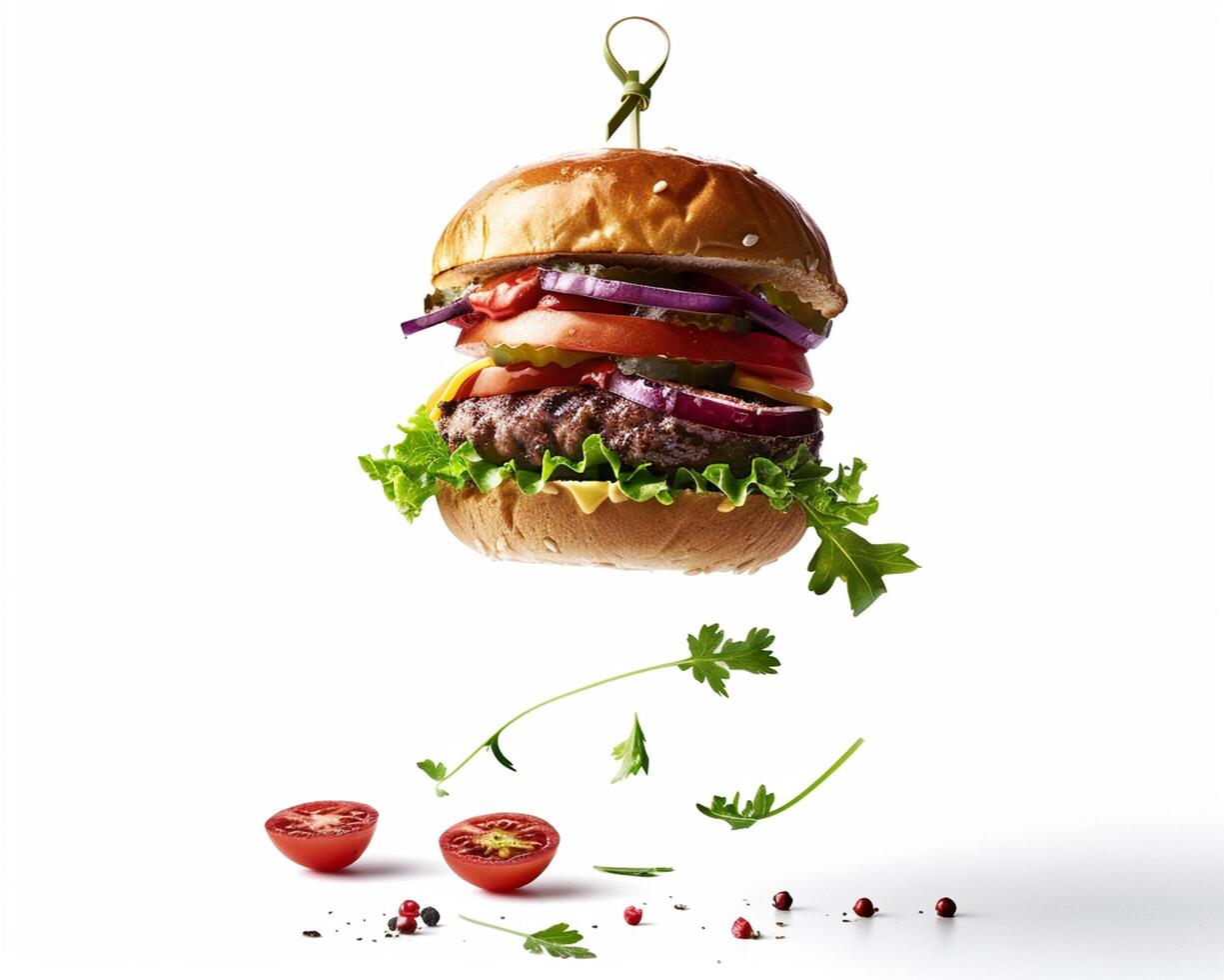 a hamburger is being suspended in the air photo