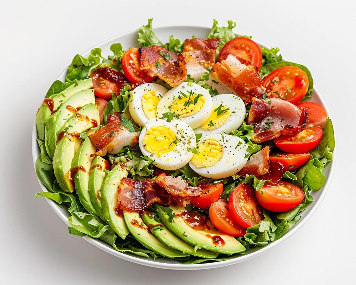 a salad with bacon, tomatoes, avocado and eggs photo