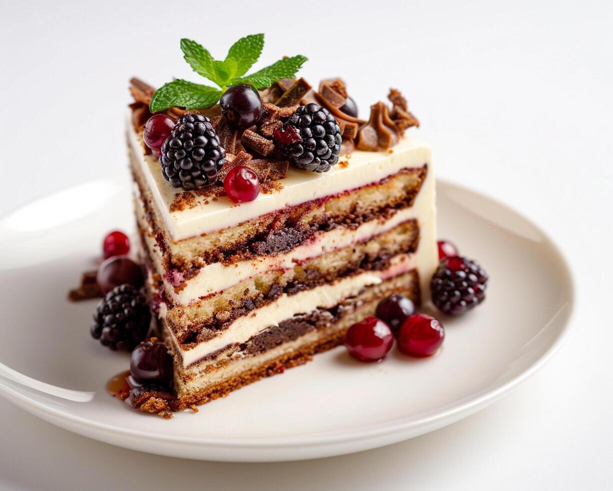 a piece of cake with berries and nuts on top photo