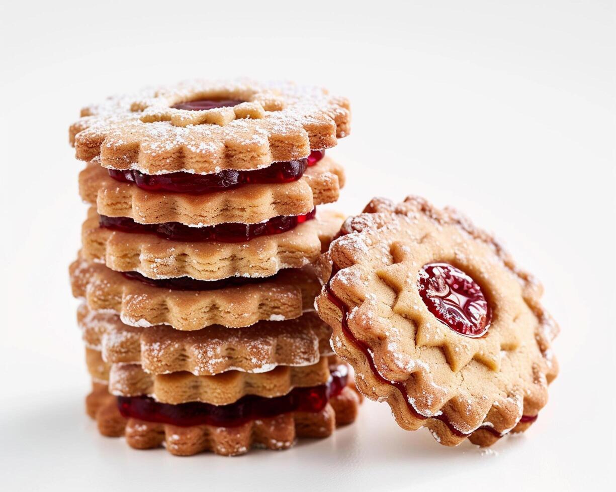 a stack of cookies with jam on top photo