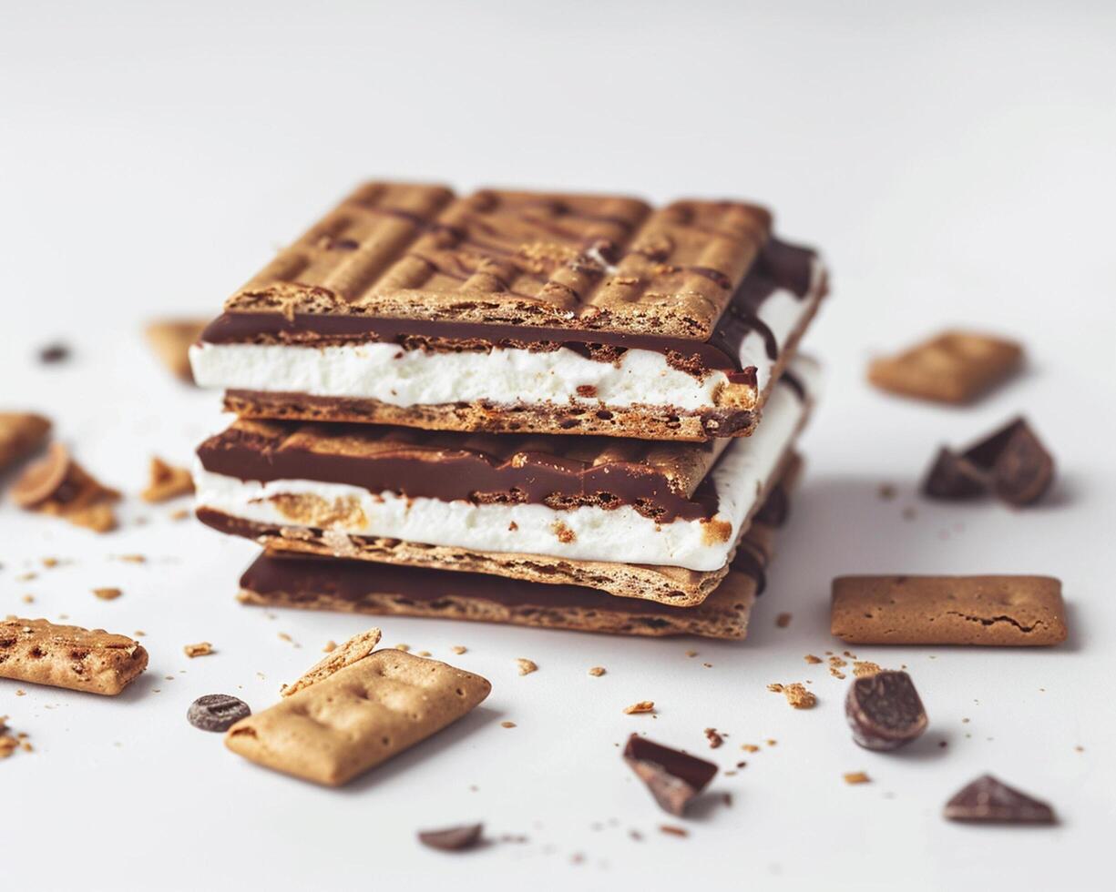 a stack of s'mores with chocolate and marshmallows photo
