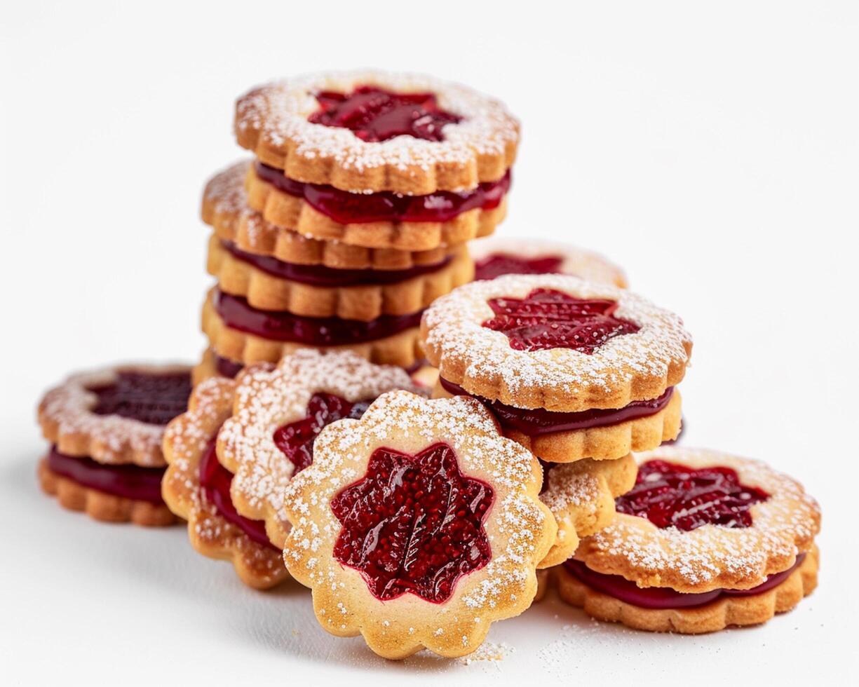 a stack of cookies with jam on top photo