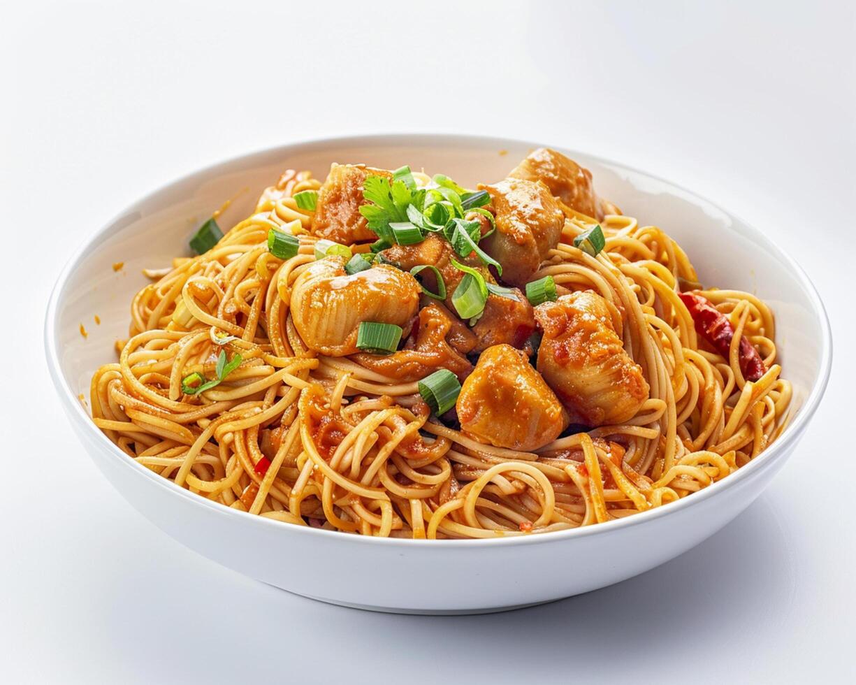 a bowl of spaghetti with chicken and green onions photo
