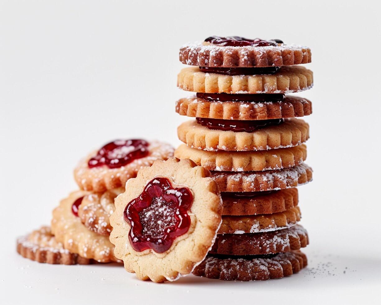 a stack of cookies with jam on top photo