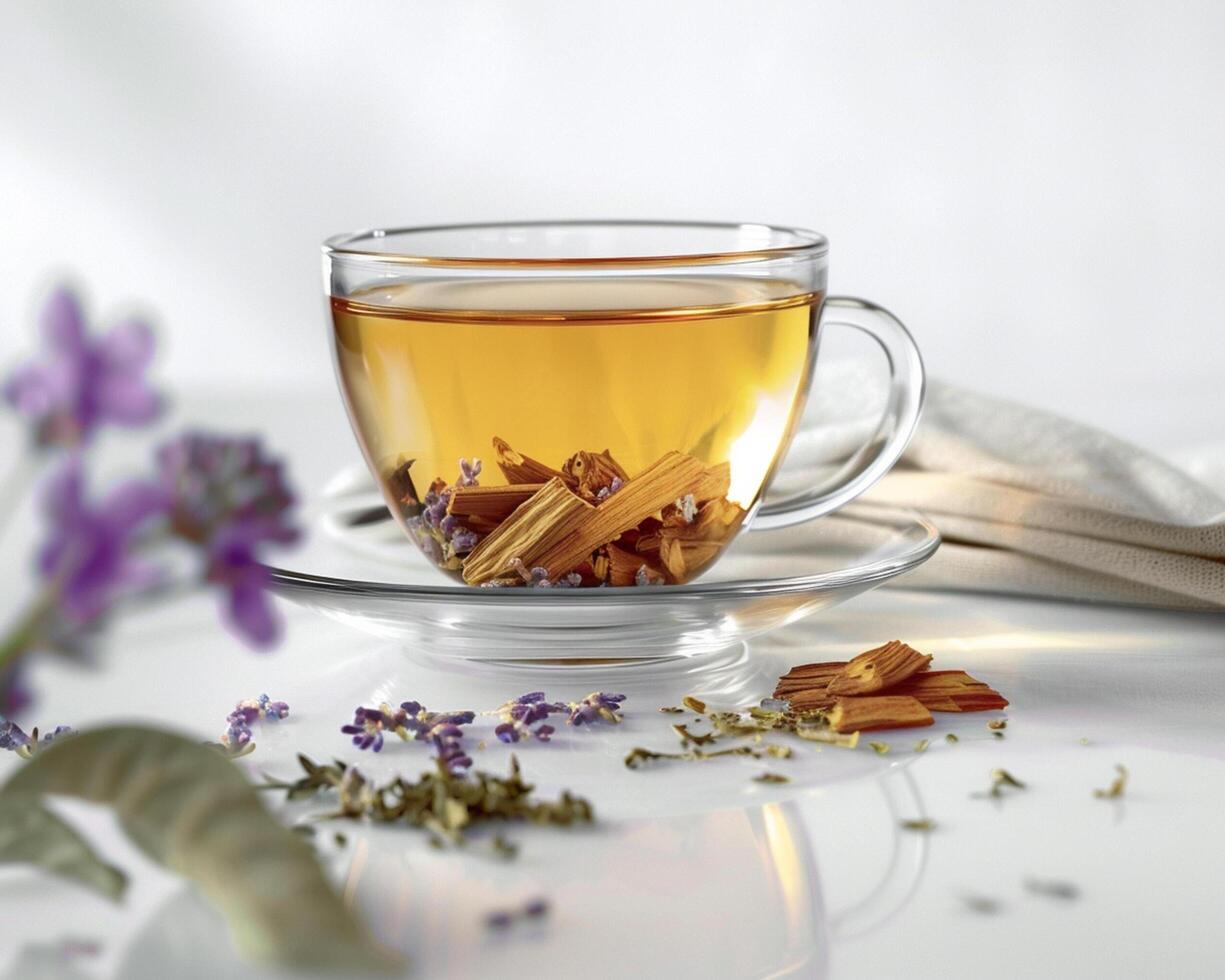 a cup of tea with cinnamon and lavender flowers photo