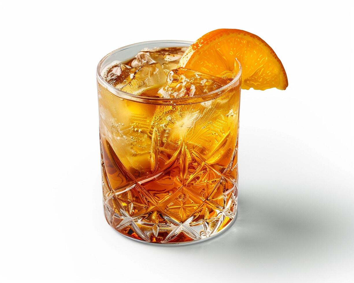 an orange slice is on top of a glass of alcohol photo