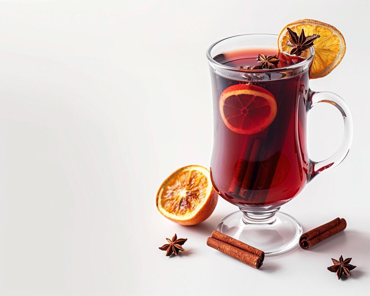 a glass of hot mulled wine with oranges and spices photo