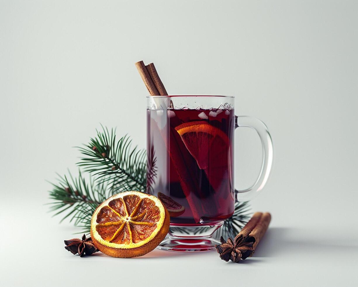 a glass of mulled wine with cinnamon sticks and an orange photo