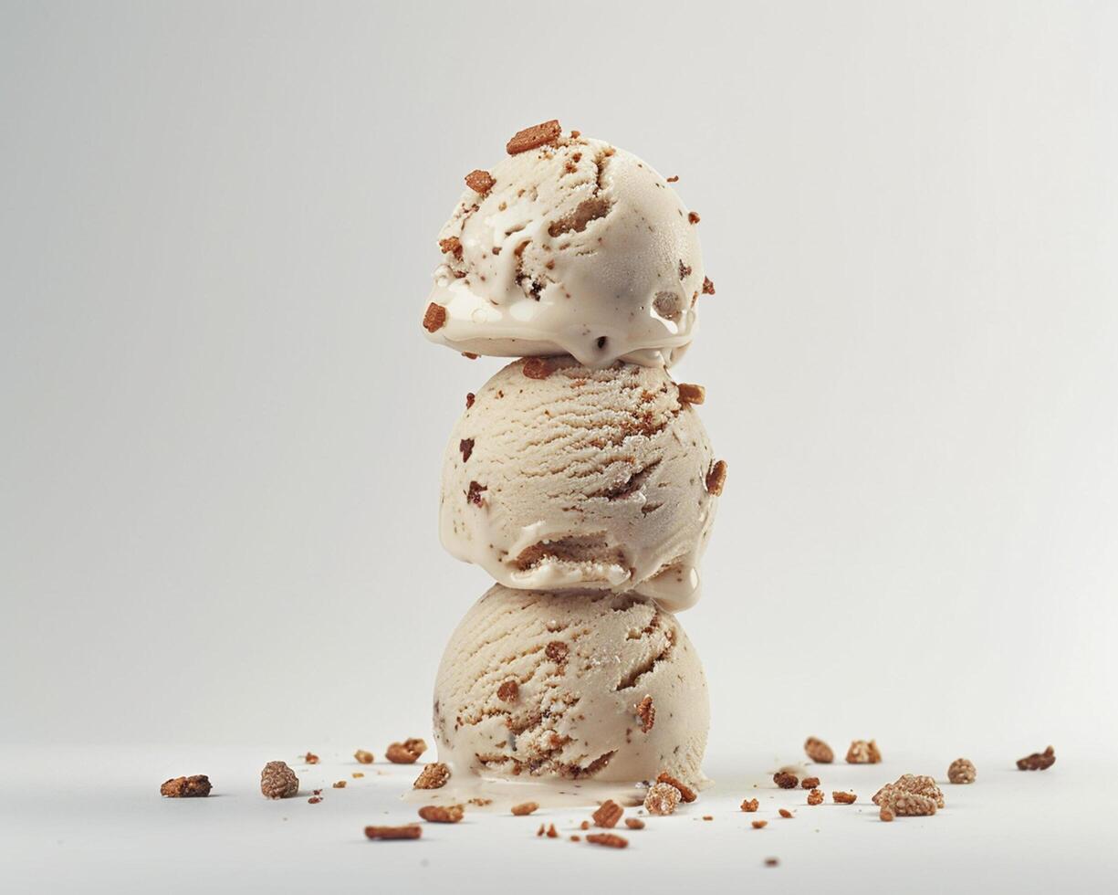 three scoops of ice cream are stacked on top of each other photo