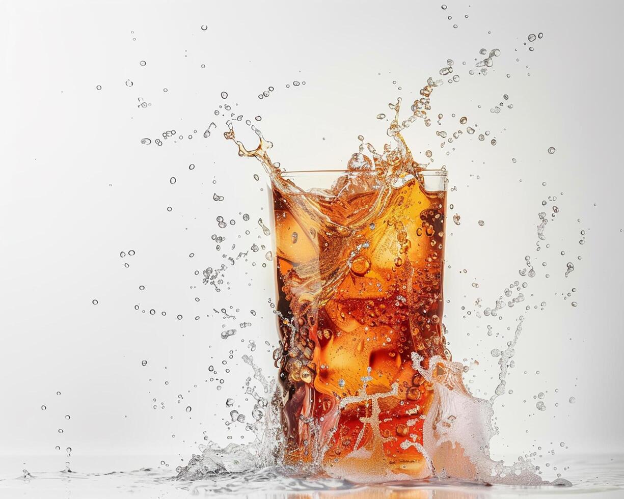 a glass of cola with ice and splash photo