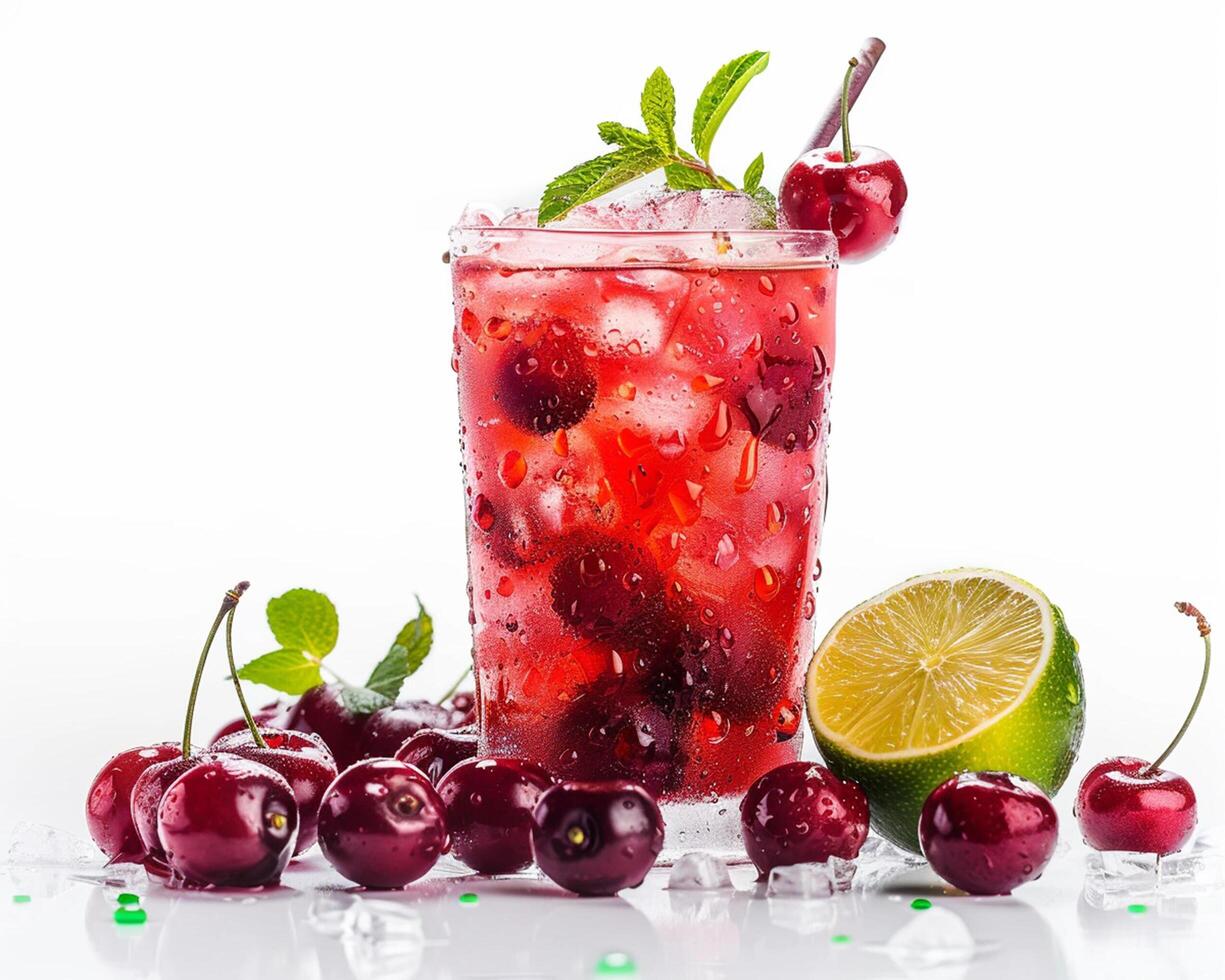 a glass of cherry juice with lime and cherries photo
