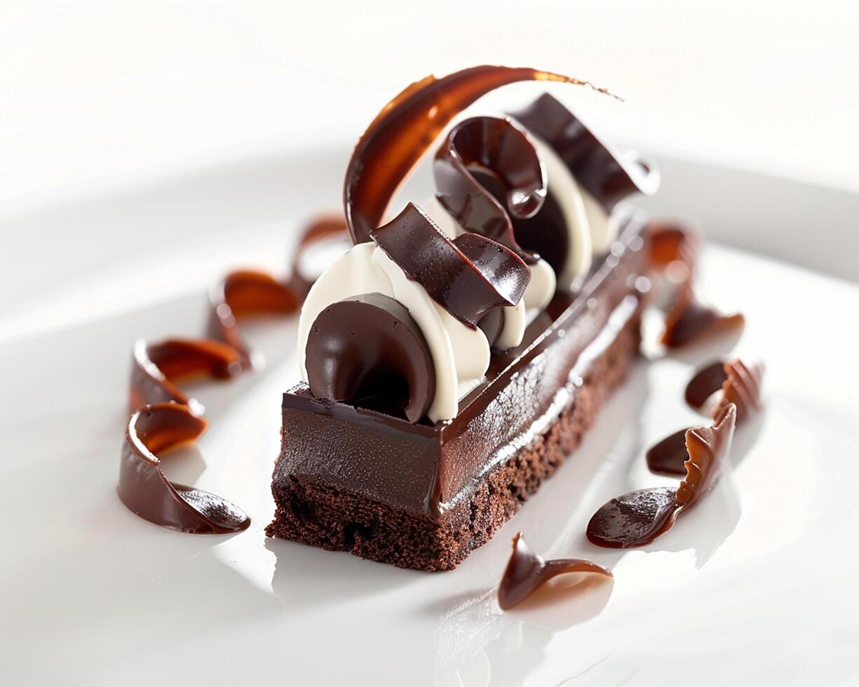 a piece of chocolate cake with chocolate icing and chocolate sauce photo