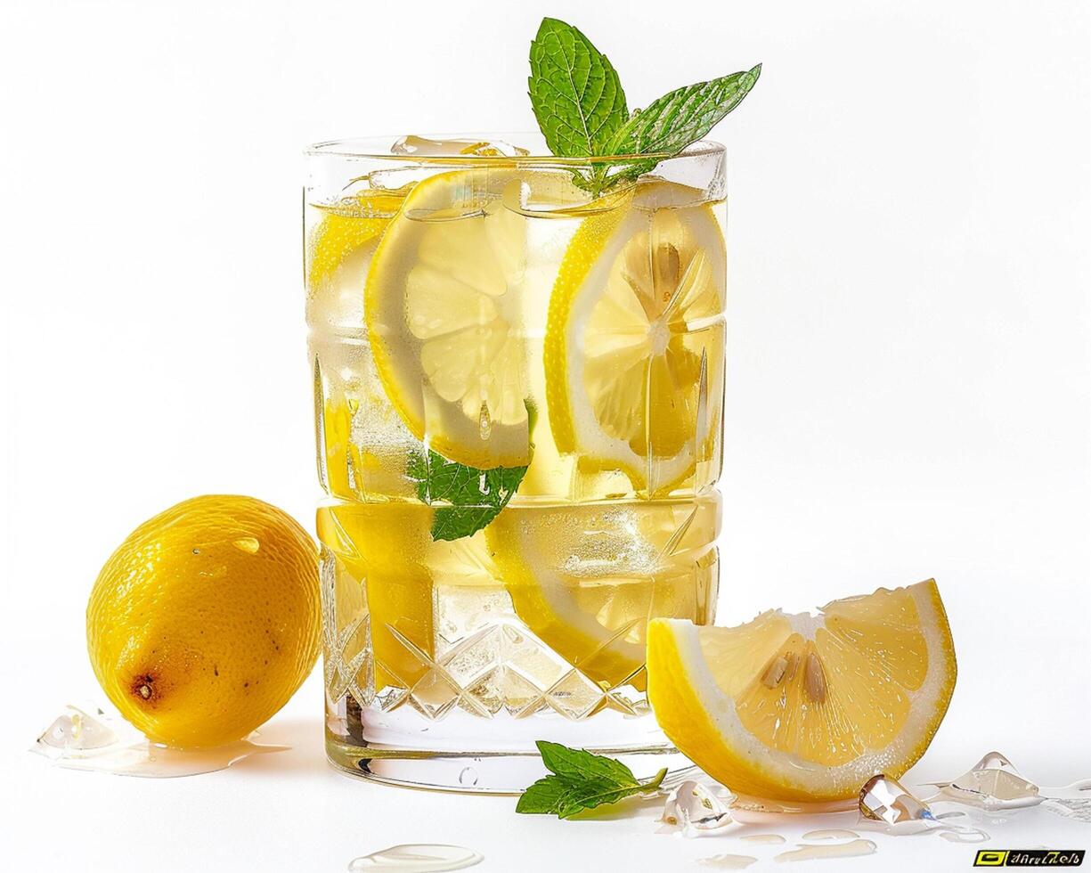 a glass of lemonade with mint leaves and lemon slices photo
