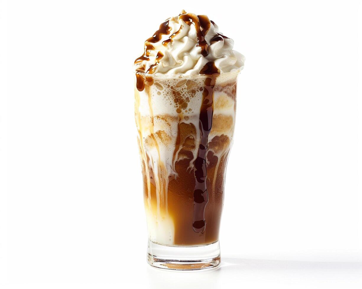 a tall glass of ice cream with caramel sauce photo