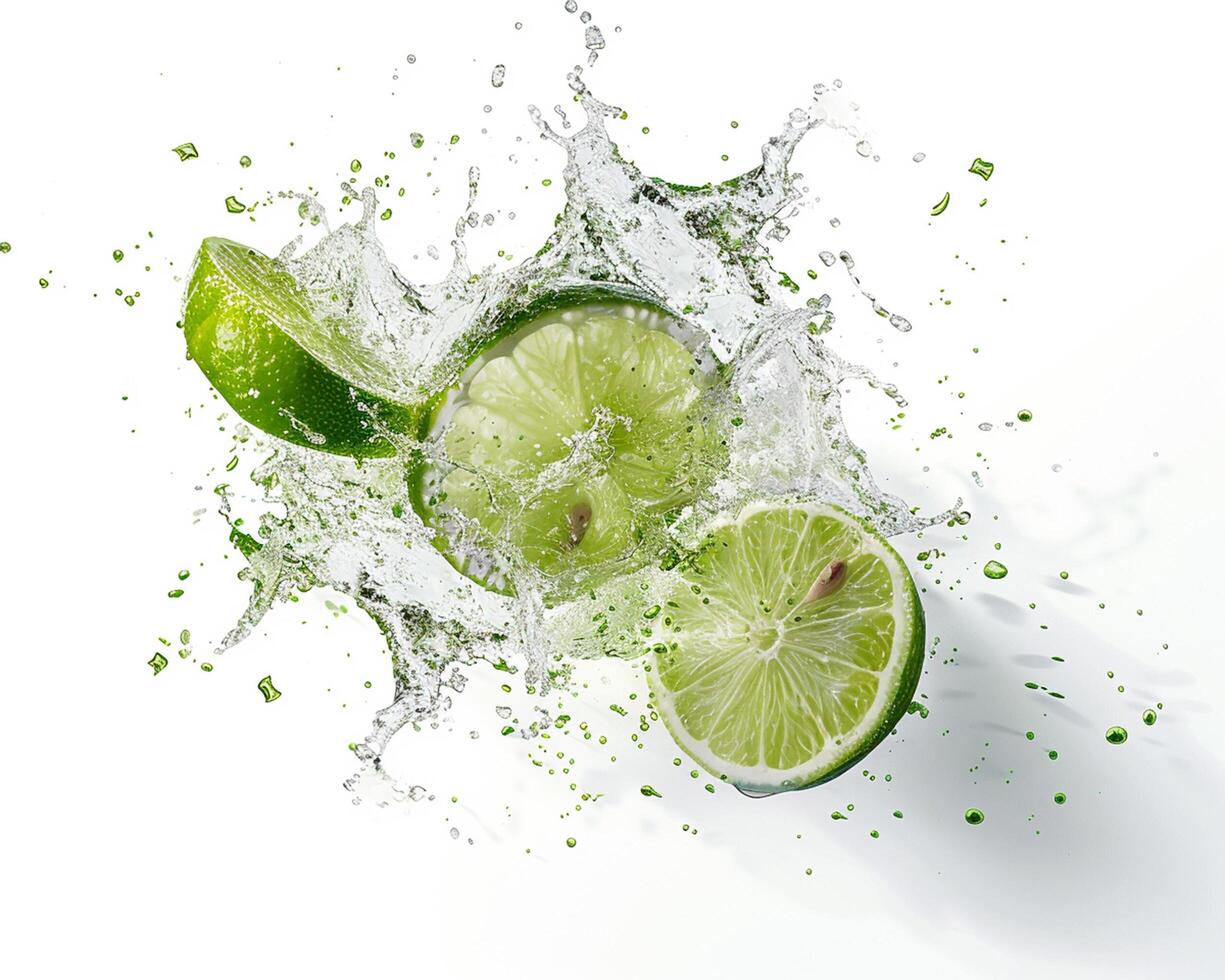 lime slice with splash of water on white background photo