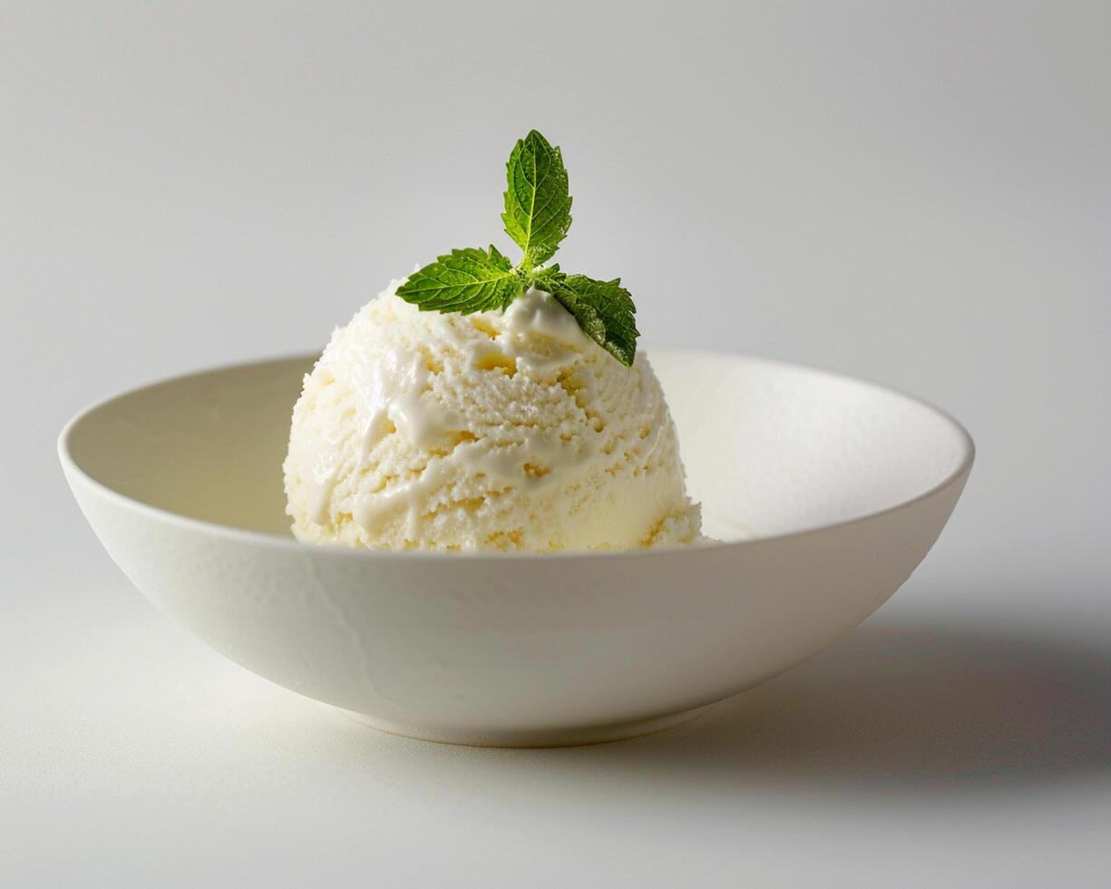 a bowl of ice cream with a mint leaf on top photo
