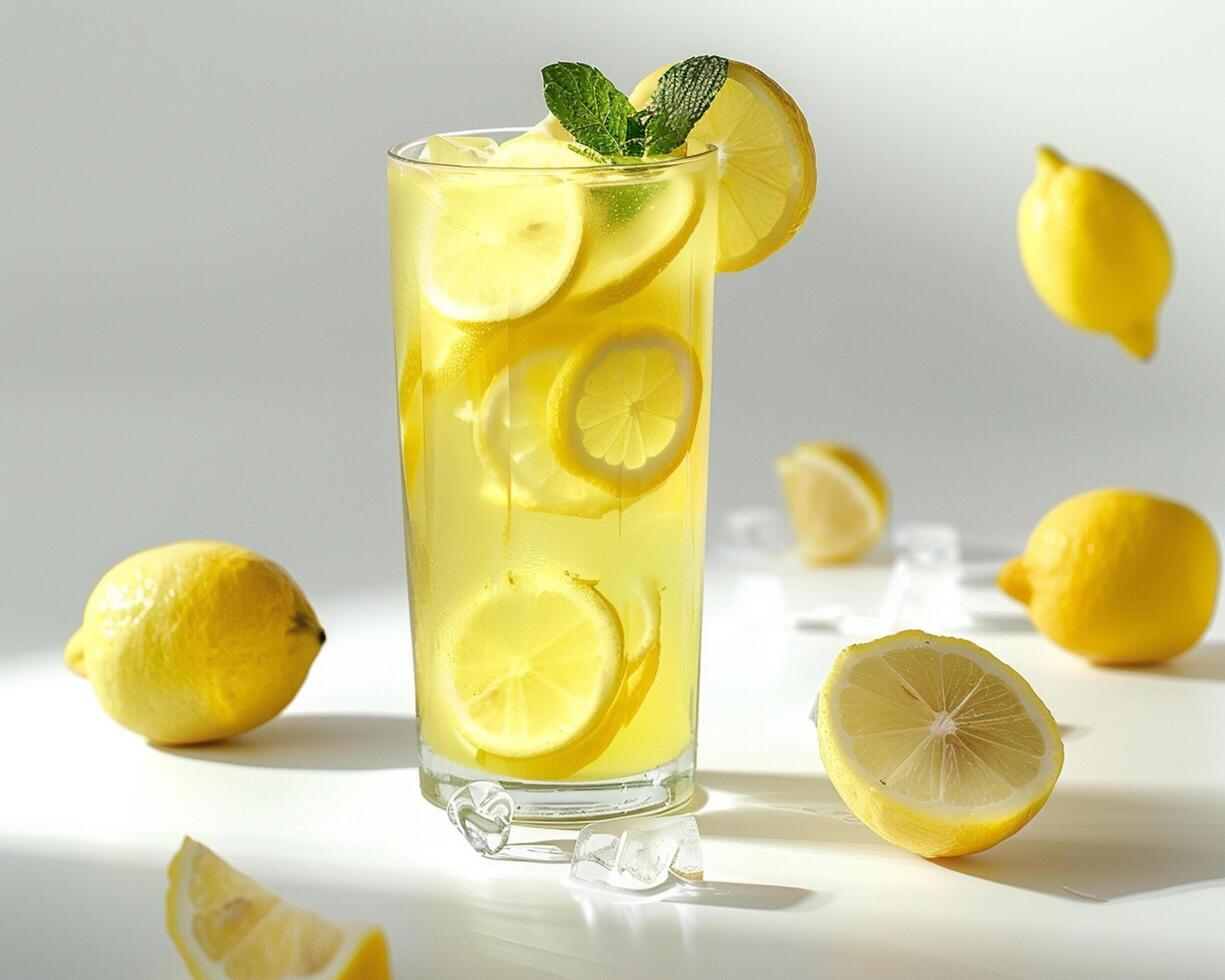 a glass of lemonade with slices of lemons photo