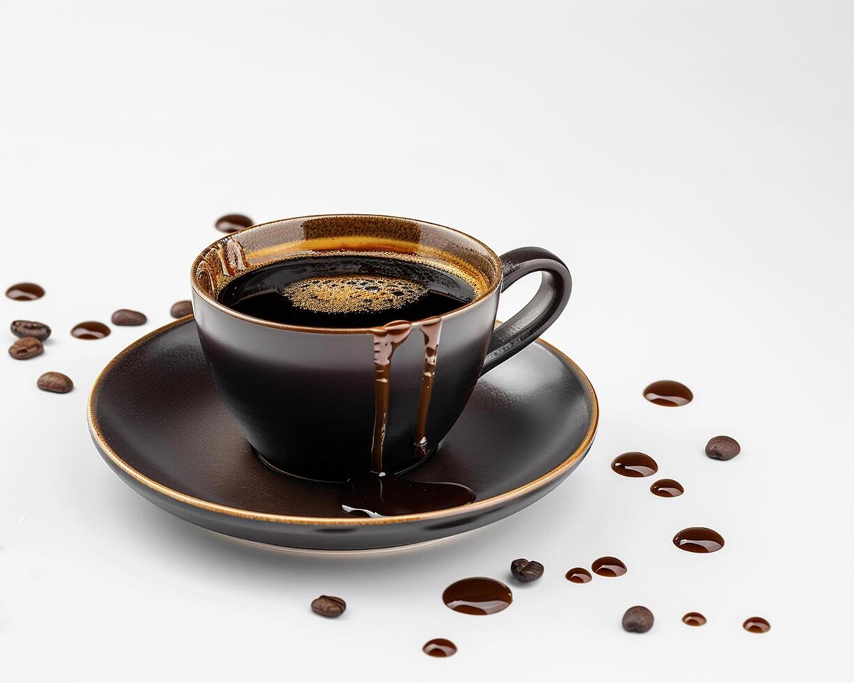 a cup of coffee with coffee beans scattered around it photo