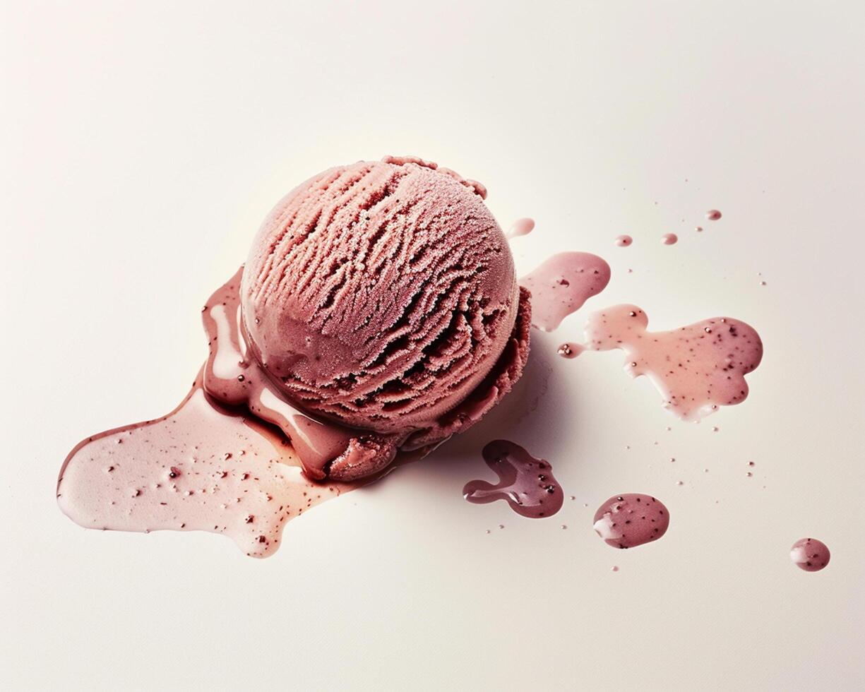 a scoop of ice cream with a pink liquid on top photo