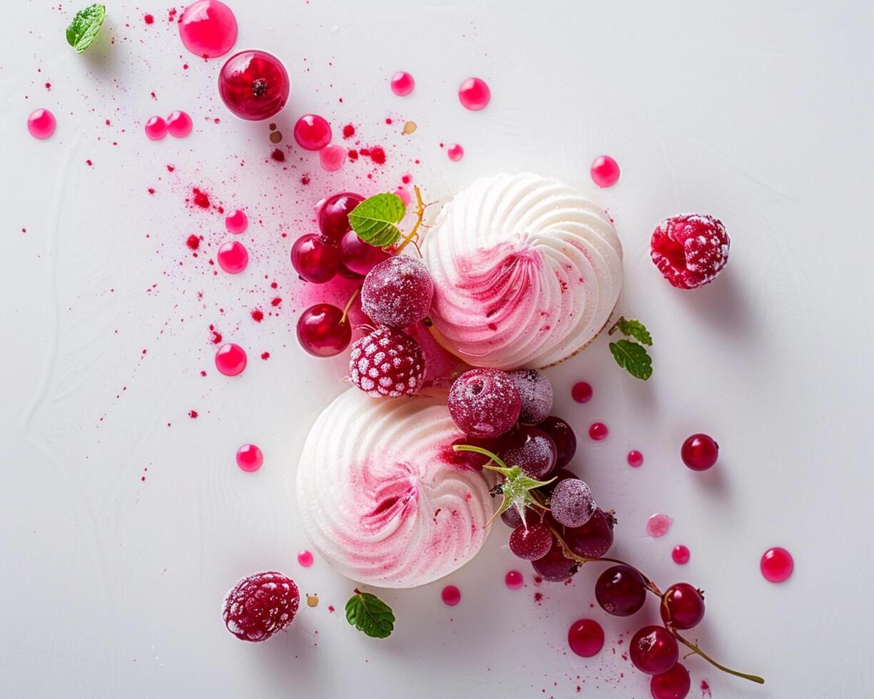 a white cake with cream and berries on a white surface photo