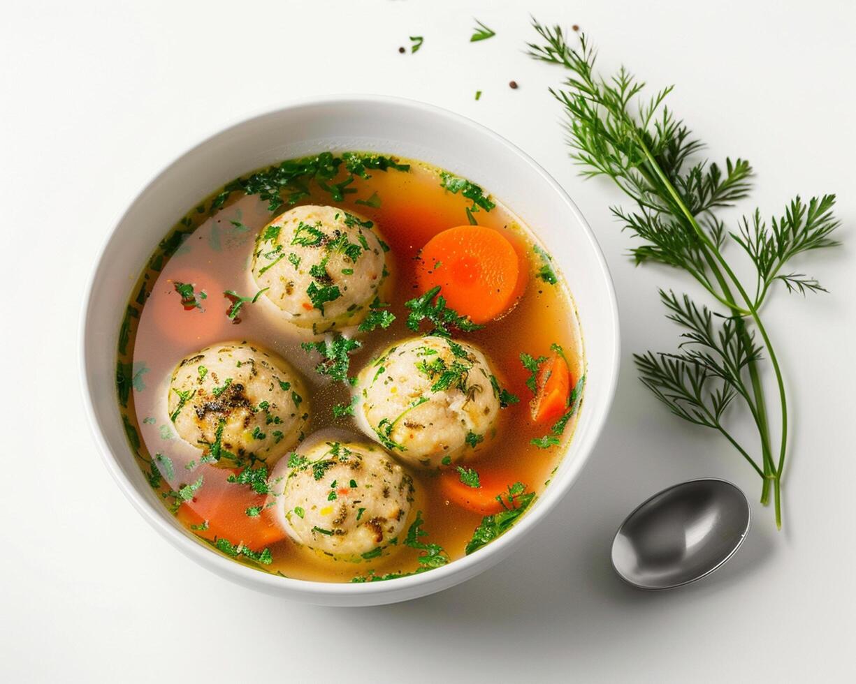 dumplings in soup with herbs and vegetables photo