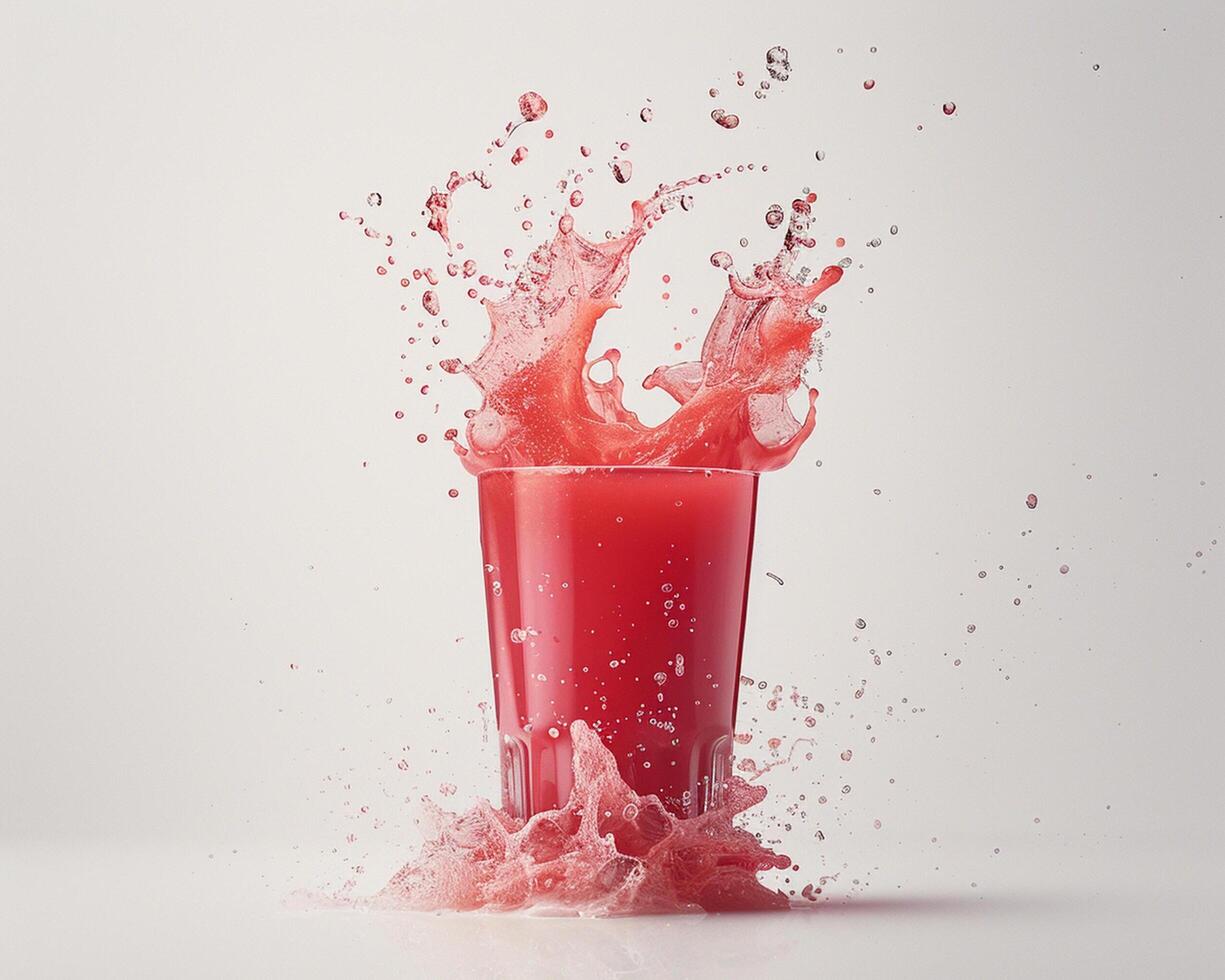 a glass of red juice is splashing into the air photo