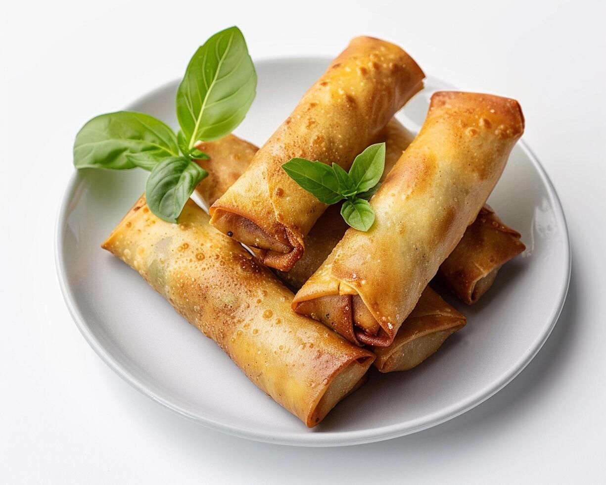 a plate with four spring rolls on it photo