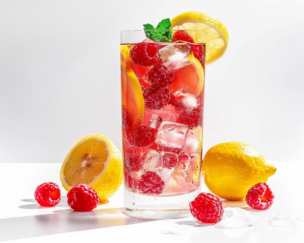 a glass of lemonade with raspberries and mint photo