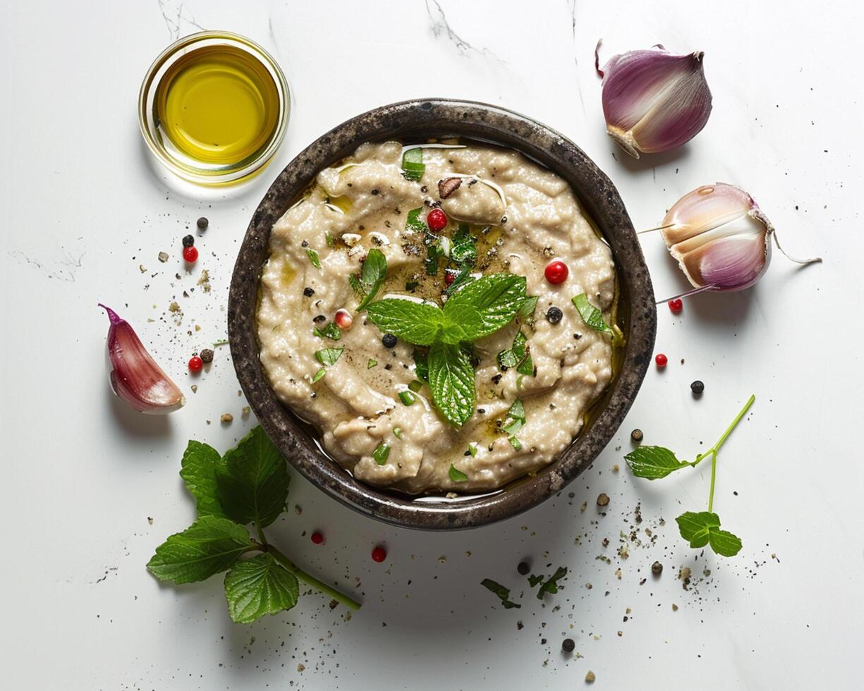 hummus with mint and garlic on a white background photo