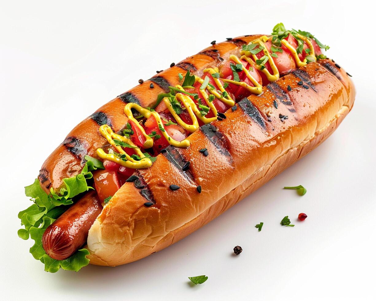 a hot dog with ketchup and lettuce on a bun photo