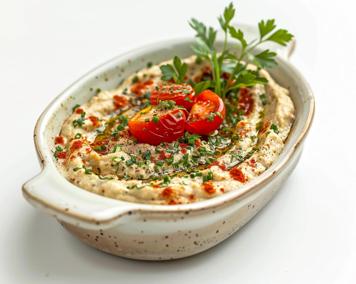 a bowl of hummus with tomatoes and herbs photo