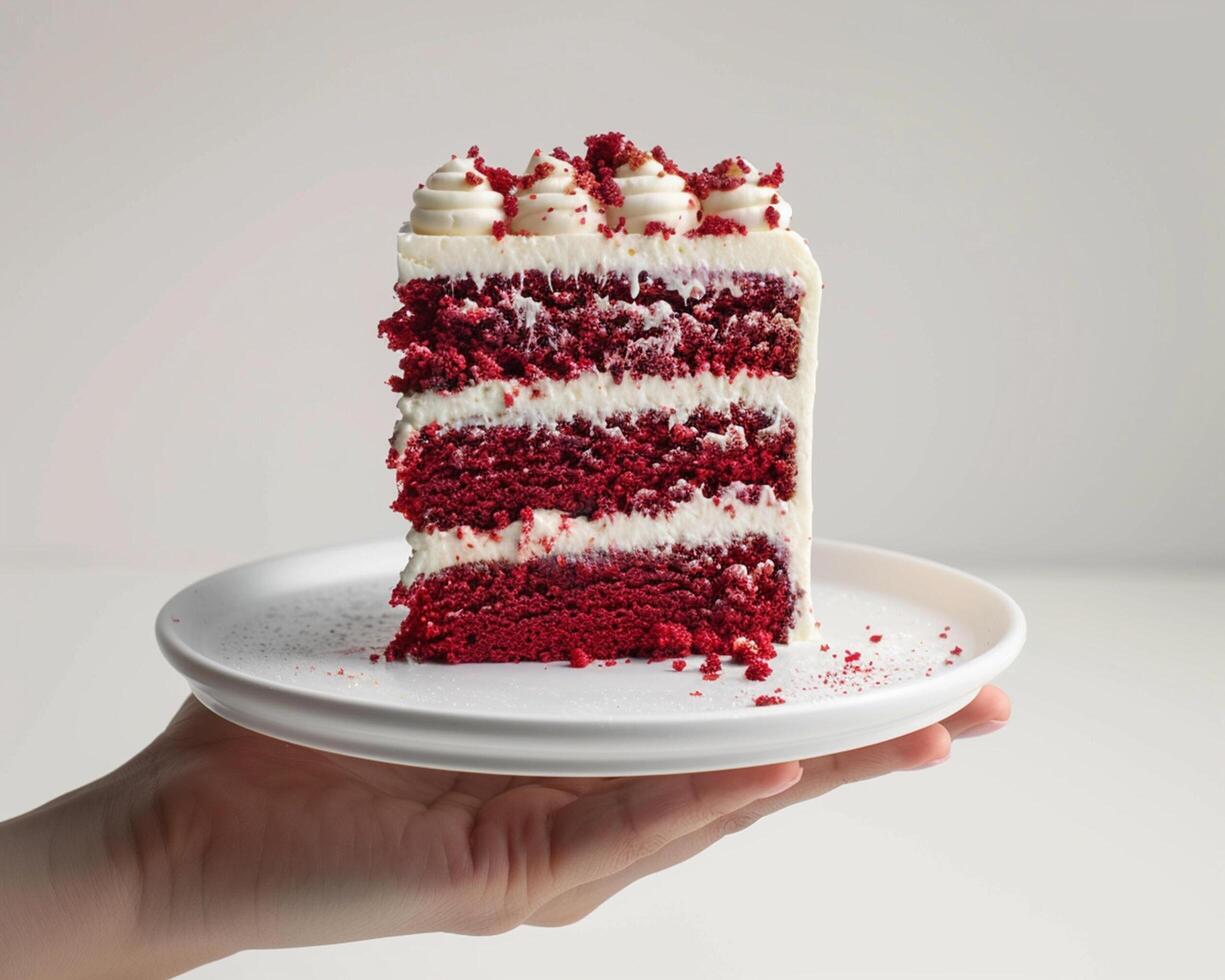 a piece of red velvet cake is being held in a hand photo