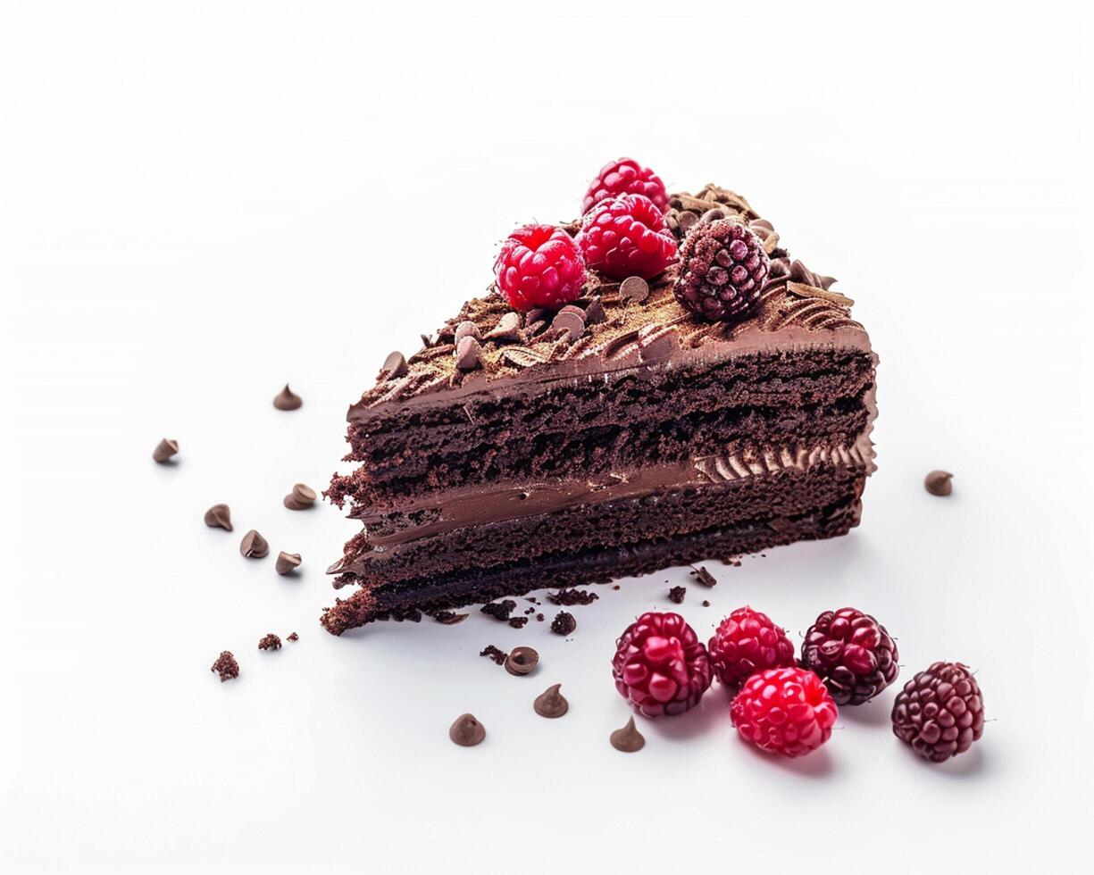 a piece of chocolate cake with raspberries and chocolate chips photo