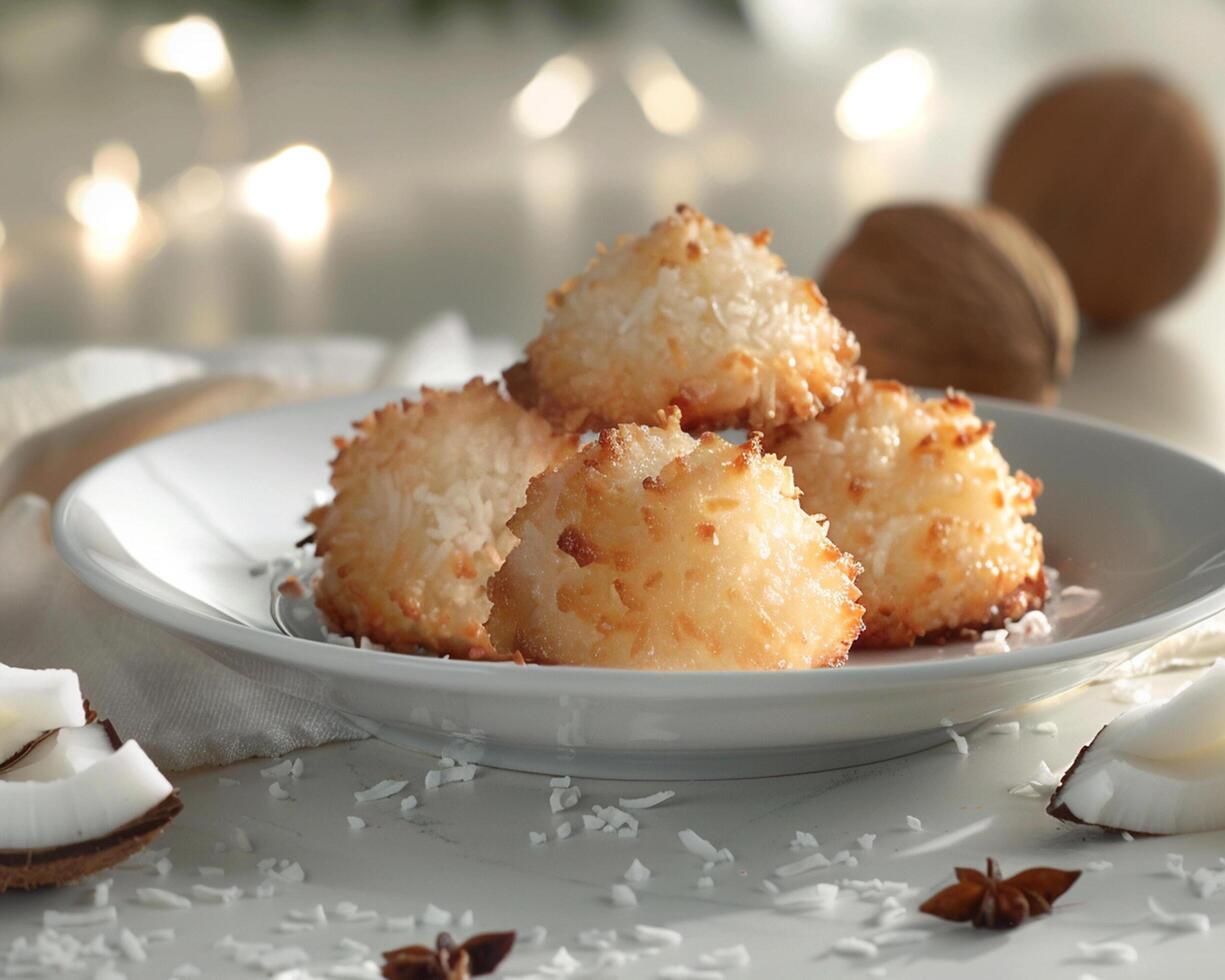 a plate of coconut macaroons on a table photo