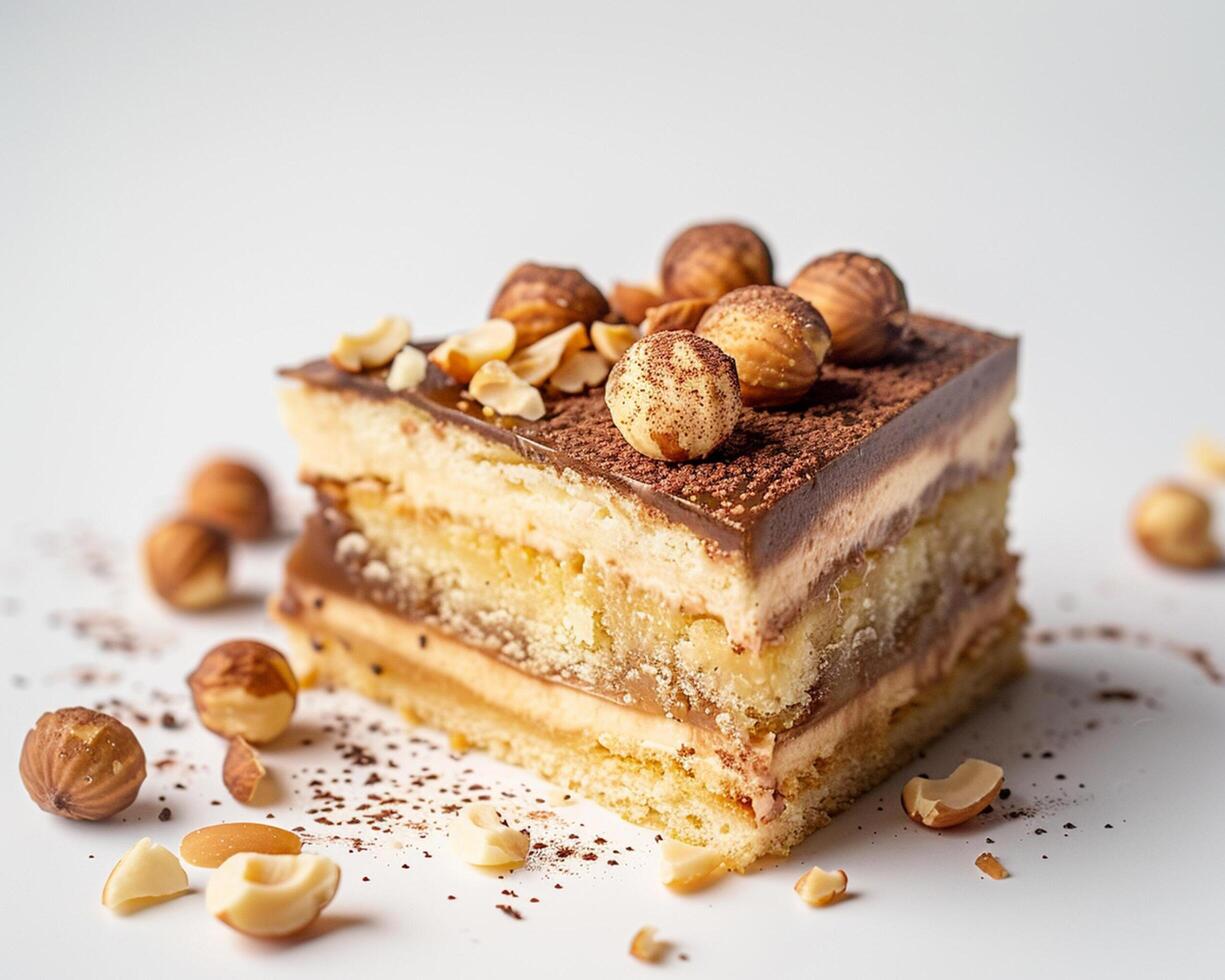 a piece of cake with nuts on top photo