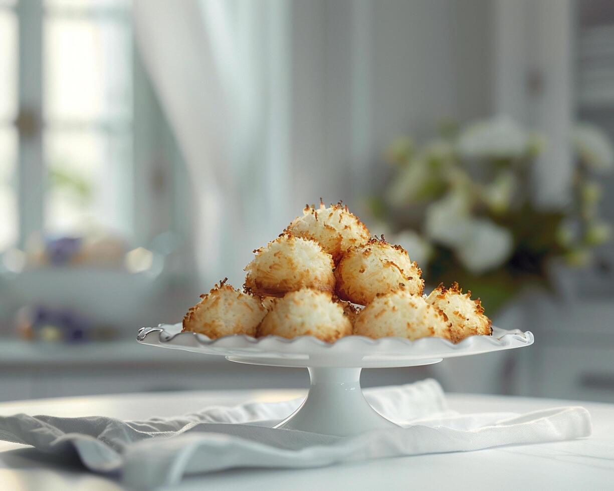 a white plate with a bunch of coconut balls on it photo
