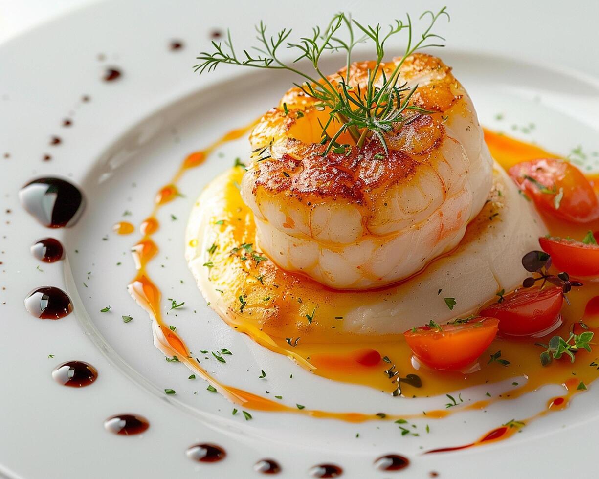 a plate of food with a garnish of herbs photo