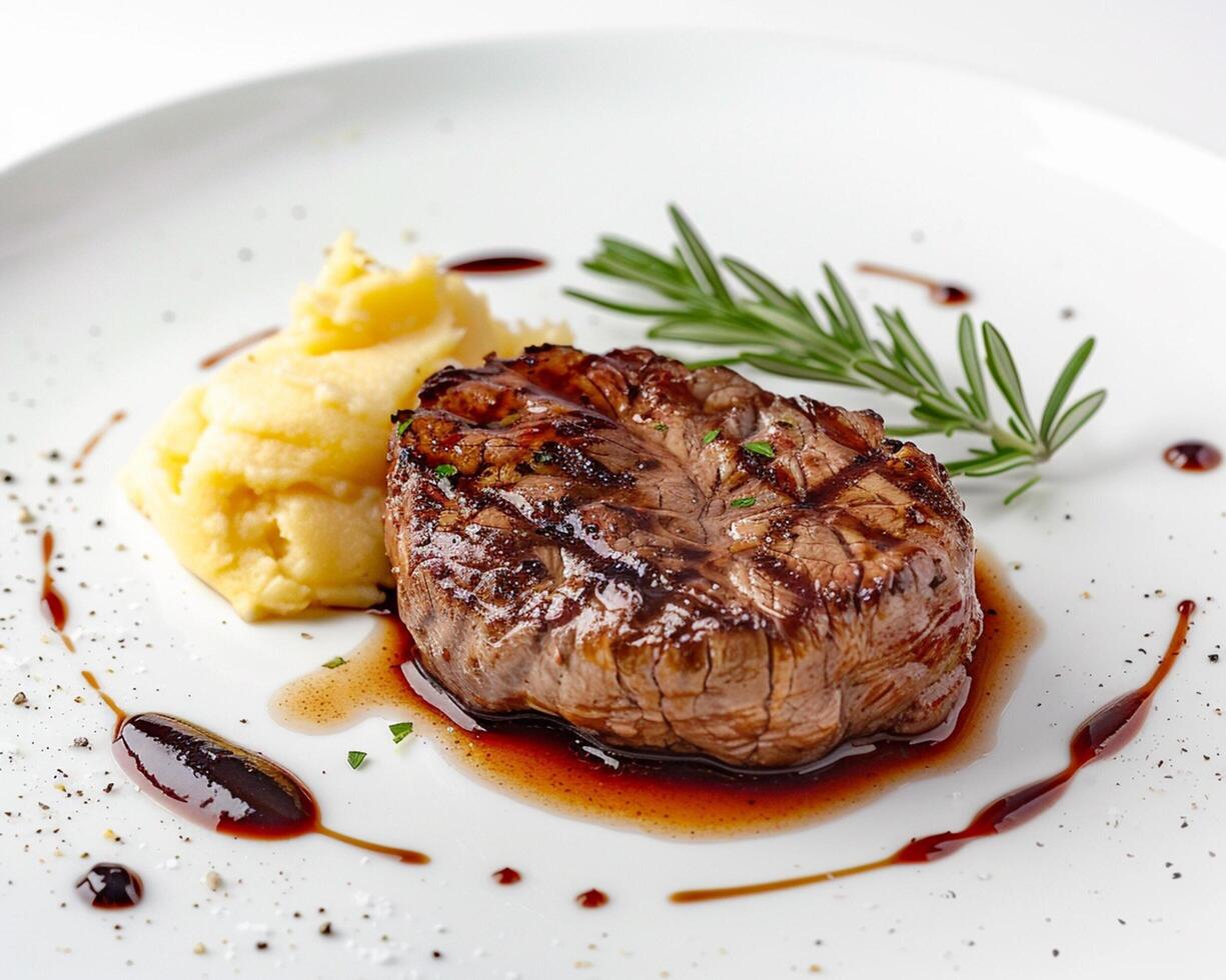 a steak is served on a white plate with mashed potatoes photo