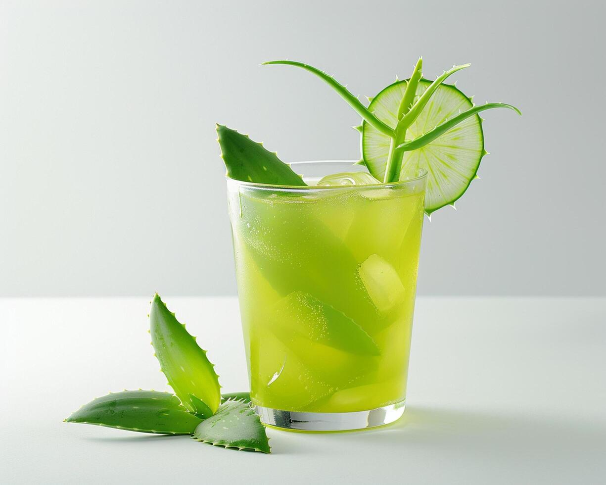 a glass of green drink with aloe vera and lime photo