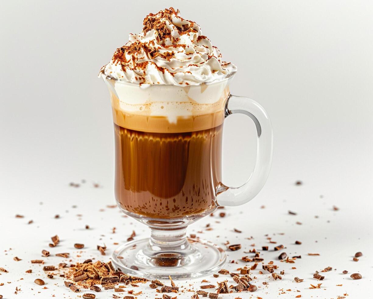 a glass of coffee with whipped cream and chocolate photo