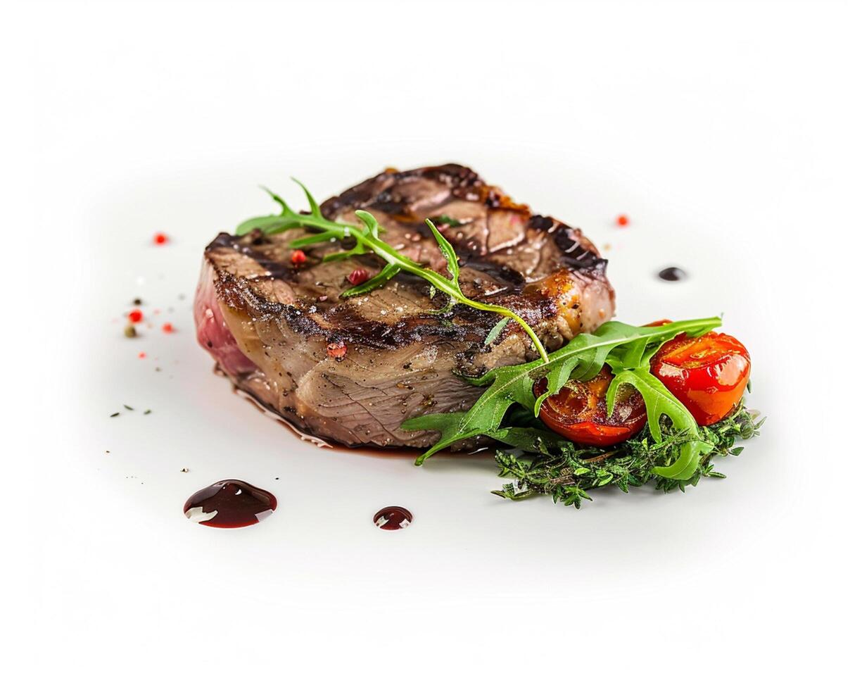 a piece of steak with herbs and tomatoes photo