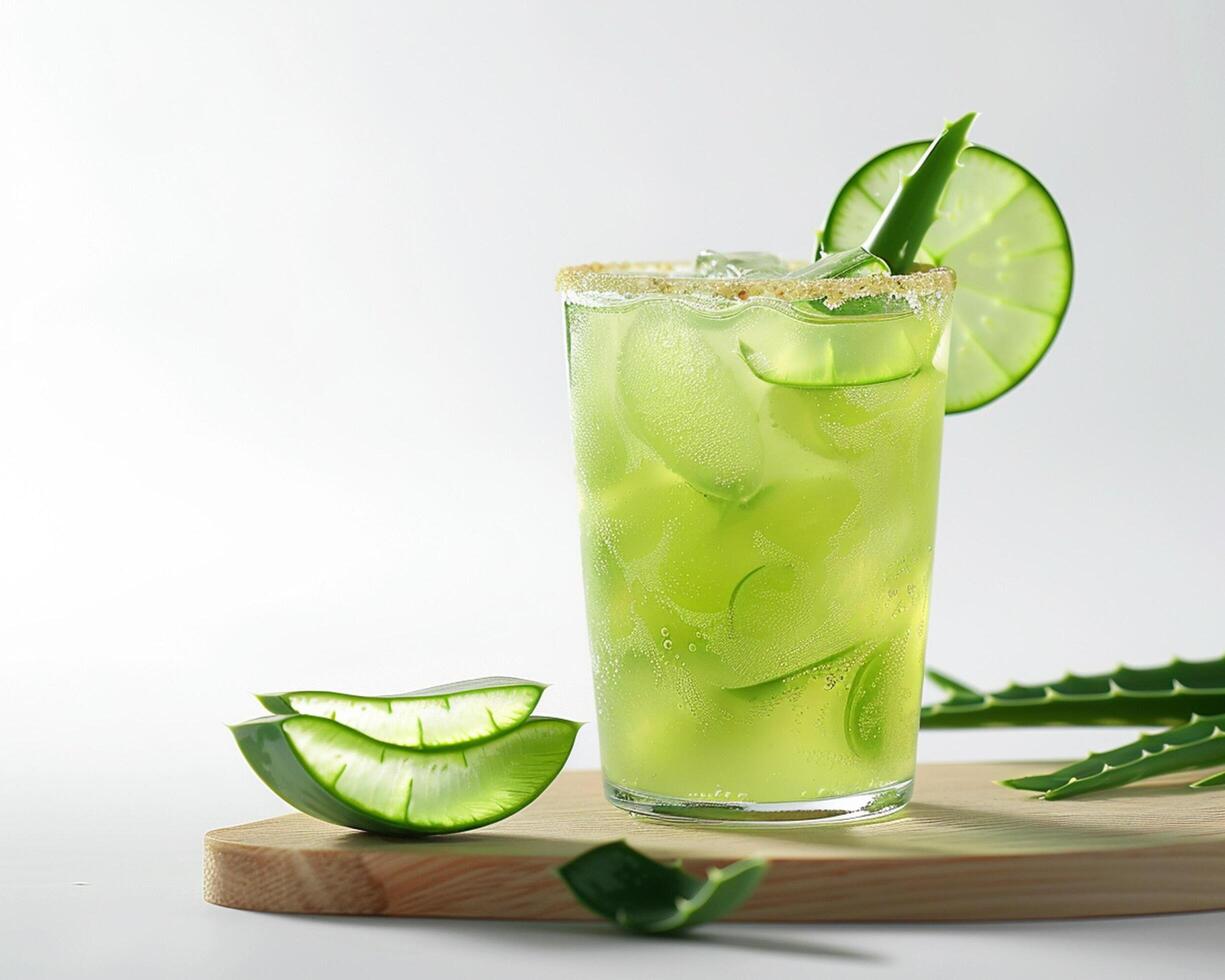 a glass of aloe vera drink with lime and aloe vera photo