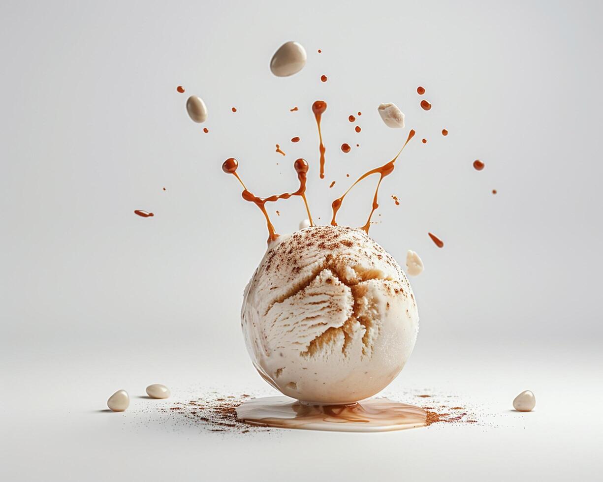 an ice cream ball with chocolate and ice cream splashing out photo