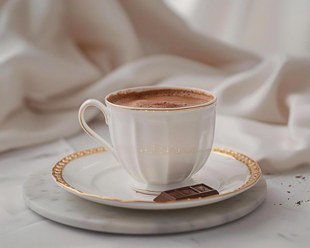 a cup of hot chocolate on a saucer with a chocolate bar photo
