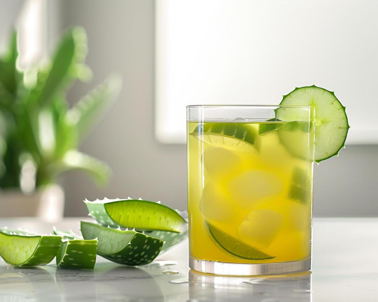 a glass of lemonade with cucumber slices photo