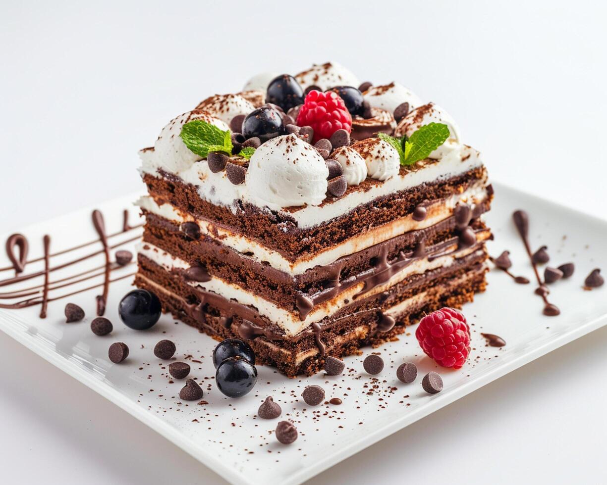 a piece of chocolate cake with raspberries and chocolate chips photo