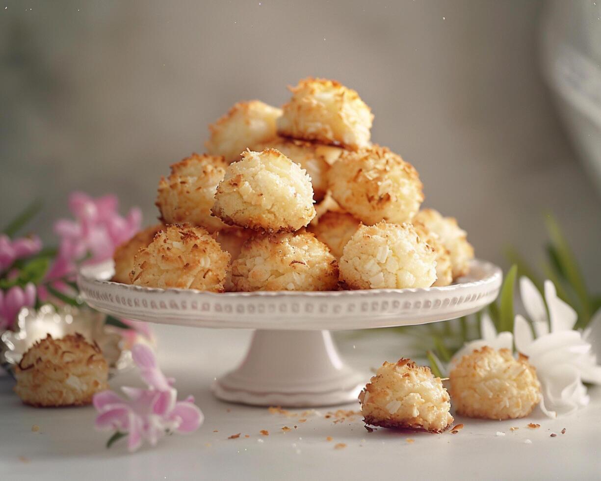 a white cake with coconut balls on top photo