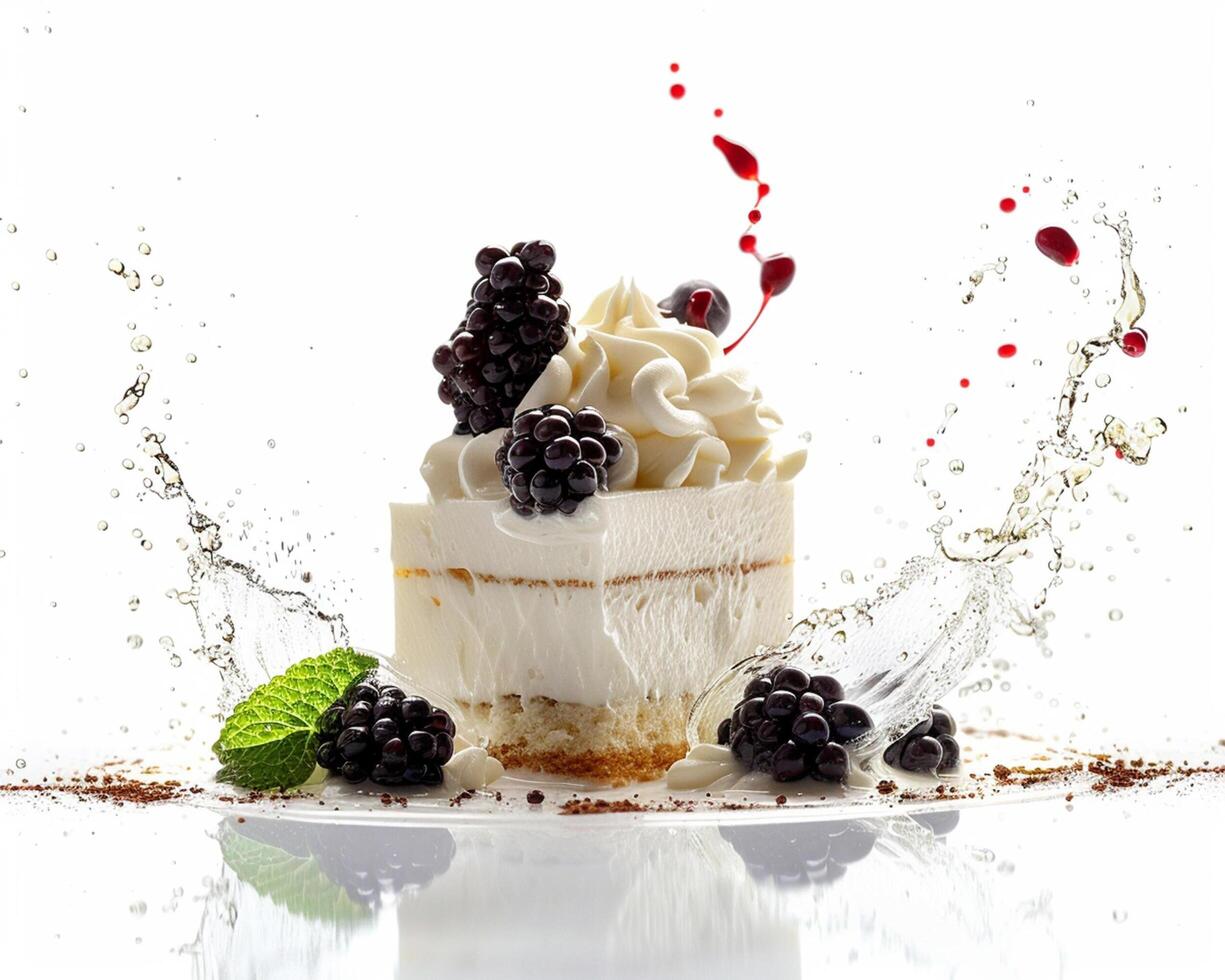 a dessert with blackberries and cream on a white background photo