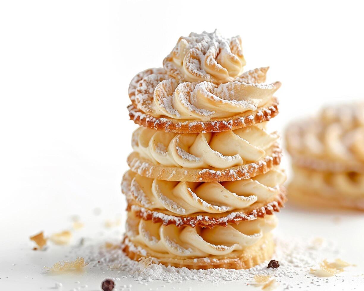 a stack of pastry with powdered sugar on top photo